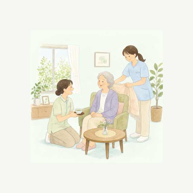 居室で穏やかに過ごす入居者と介護職員のイラスト